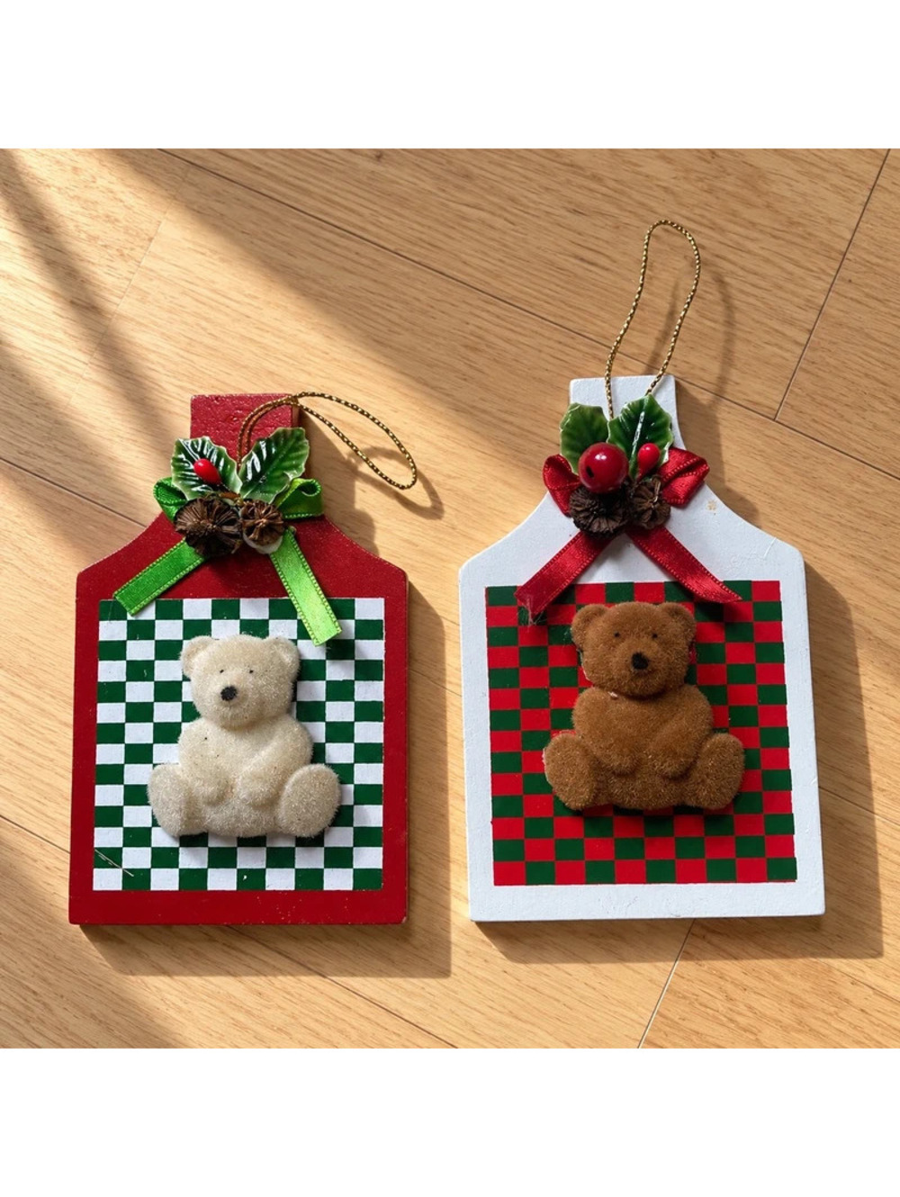 Vintage 1986 Teddy Bear Christmas Ornaments Wood Fuzzy Felt Taiwan Set of 2
